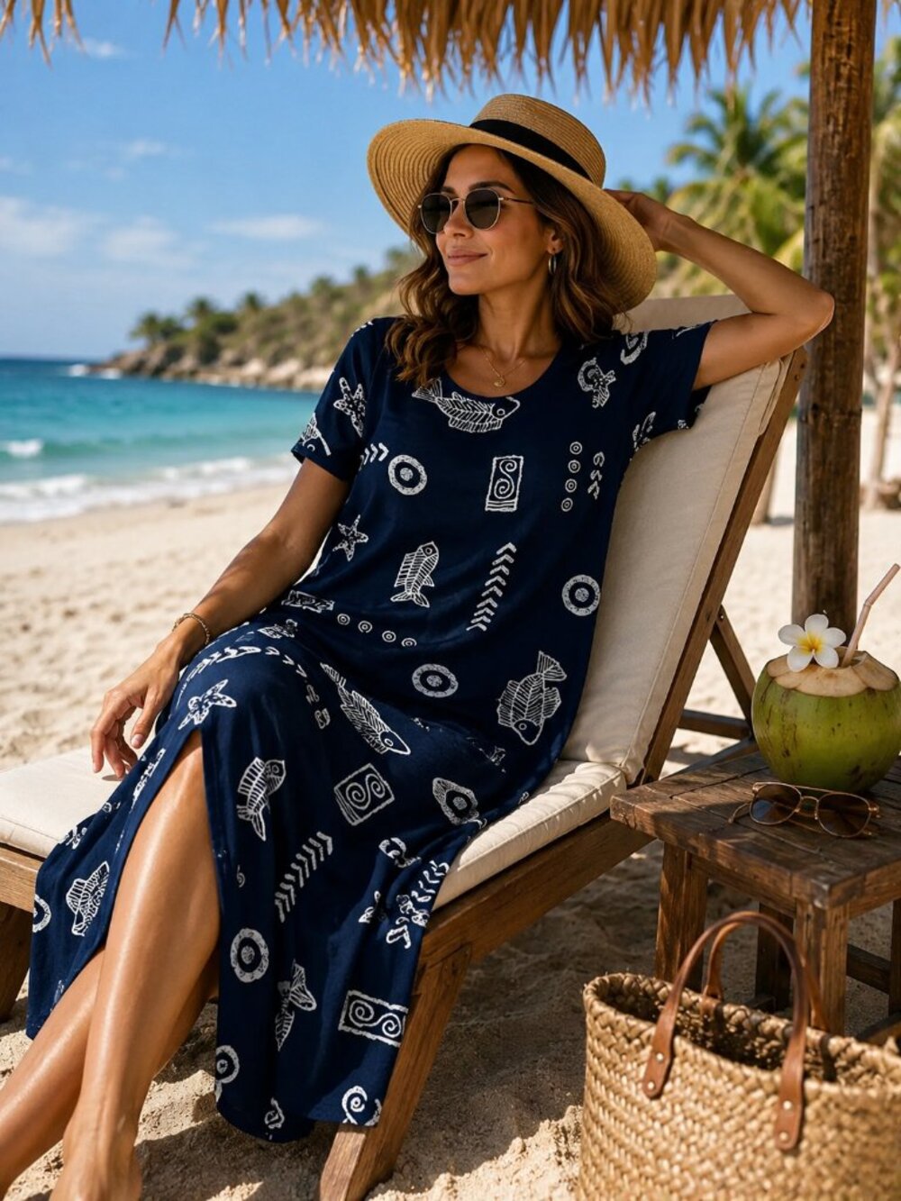 Vintage Royal Creation Navy Fish Tropical Nautical Short Sleeve Artsy Maxi Dress